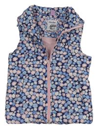 Modro-růžová květovaná šusťáková zateplená vesta Dopodopo