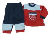 2 set - Tmavomodro-modro-červené tepláky + mikina s nápisem 