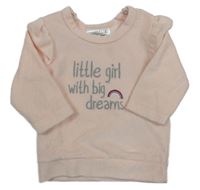 Světlerůžová žebrovaná sametová mikina s nápisem a volánky Ergee