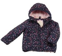 Tmavomodro-růžová květovaná šusťáková lehce zateplená bunda s kapucí Topomini