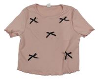 Světlerůžové žebrované crop tričko s mašličkami shein