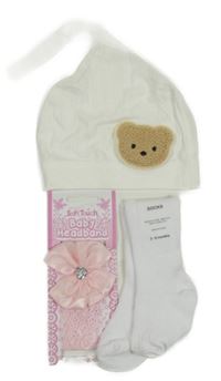 3 set - růžová čelenka s mašlí + smetanová čepice s medvědem + bílé ponožky 