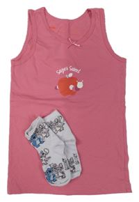 2 set - růžová košilka s jablkem + lila ponožky se Stitchem 