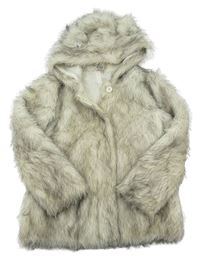 Bílo-šedý kožešinový kabát s kapucí Tu