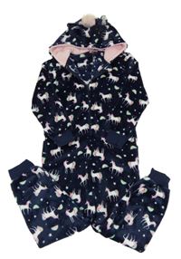 Tmavomodrá plyšová kombinéza s jednorožci a kapucí 
