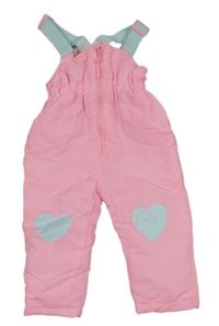 Neonově růžové šusťákové oteplovačky s kšandami a srdíčky 