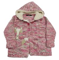 Růžovo-bílo-hnědý melírovaný propínací svetr s liškou a kapucí George