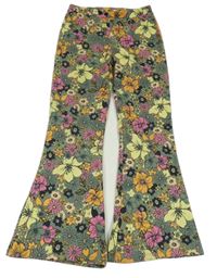 Zeleno-barevné květované žebrované flare legíny River Island