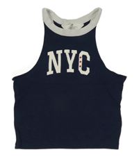 Tmavomodro-bílý crop top s nápisem H&M