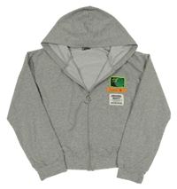 Světlešedá propínací crop mikina s nášivkami a kapucí 