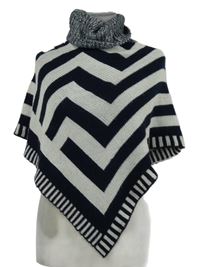 Dámské bílo-tmavomodré pruhované svetrové pončo s rolákem 