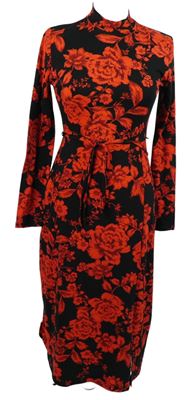 Dámské červeno-černé květované midi pouzdrové šaty s provázkem v pase Primark 