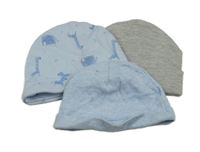 3x bavlněná čepice modrá se zebrami+ šedá+ pruhovaná 