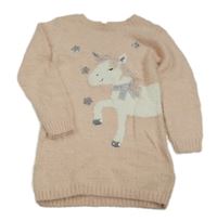 Světlerůžové chlupaté svetrové šaty s jednorožcem Primark