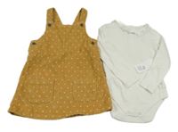 Nové - 2set- hořčicové puntíkaté laclové manšetrové šaty+ bílé body F&F