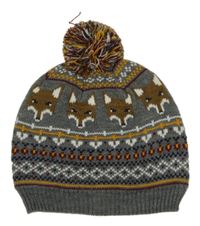 Šedá vzorovaná čepice s liškami a bambulí 