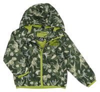 Tmavozelená šusťáková jarní bunda s dinosaury a kapucí 