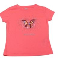 Neonově růžové tričko s motýlkem a kamínky 
