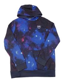 Tmavomodro-fialová vzorovaná mikina s vesmírem a kapucí F&F