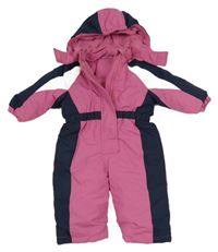 Růžovo-bílo-tmavomodrá šusťáková zimní kombinéza s kapucí 