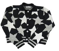 Černo-šedo-bílý propínací crop svetr s hvězdičkami a pruhy a límečkem SHEIN