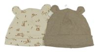2x čepice - hnědá žebrovaná + smetanová se zajíčky