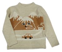 Béžový svetr s horami a autem 