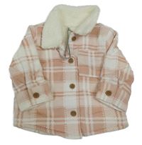 Nové - Růžovo-bílá kostkovaná zateplená manšestrová bunda TU