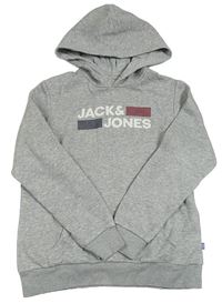 Šedá melírovaná mikina s logem a kapucí Jack&Jones