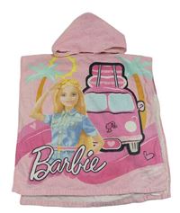 Světlerůžové froté osuškové pončo s Barbie a kapucí 