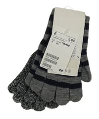 Nové - 3x - Tmavomodré + tmavomodré melírované + šedo-modré pruhované pletené prstové rukavice H&M