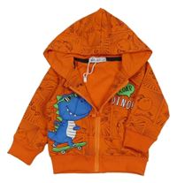 Nové - Oranžová propínací mikina s dinosaurem a kapucí 