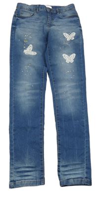 Světlemodré skinny rifle s motýlky a kamínky Bonprix