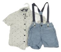 Nové - 2set - Bílá košile s palmami + světlemodré plátěné kraťasy s kšandami DopoDopo