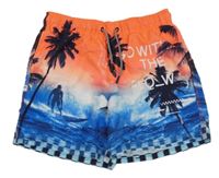 Růžovo-modré plážové kraťasy s palmami a nápisem 