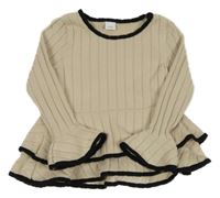 Béžový žebrovaný peplum svetr s černými lemy 