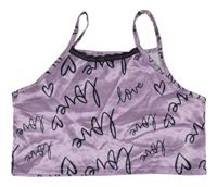 Lila saténový crop top s nápisy 