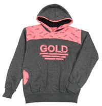 Šedo-neonově růžová mikina s nápisy a kapucí 