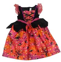 Kostým - Tmavooranžovo/růžovo-černé saténovo/sametové šaty s čarodějnicemi a flitry a volánky F&F