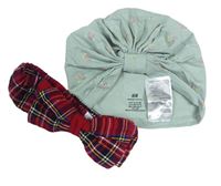 2Set - Olivovošedá turbanová čepice s kytičkami H&M + kostkovaná čelenka PRIMARK