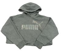 Šedá melírovaná oversize crop mikina s logem a kapucí PUMA