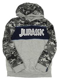 Šedo-tmavomodro-army melírovaná mikina s dinosaury - Jurský svět a kapsou a kapucí C&A