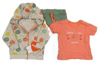 Nové - 3Set - Světlebéžová propínací mikina se smajlíky + khaki žebrované tepláky + lososové tričko Bebetto