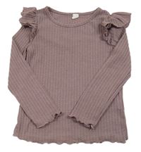 Fialovohnědé žebrované vzorované úpletové mikinotriko s volánky SHEIN