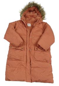 Skořicový prošívaný šusťákový zimní kabát s kapucí s kožešinou sinsay