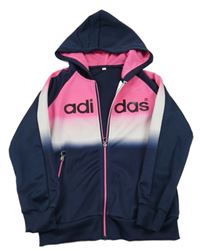 Tmavomodro-bílo-růžová propínací sportovní mikina s kapucí Adidas
