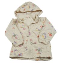 Smetanová plátěná jarní bunda s kytičkami a odepínací kapucí H&M