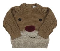 Hnědo-šedý melírovaný svetr se sobem a vzorovanými rukávy Blu Kids