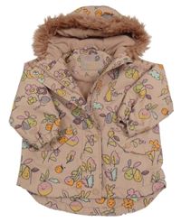 Starorůžová šusťáková zimní bunda s obrázky a kapucí s kožešinou a oušky Next