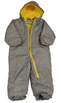 Béžovo-šedá melírovaná šusťáková zimní kombinéza s medvídkem a kapucí lupilu